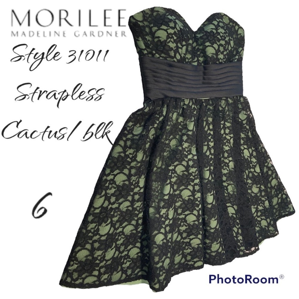 Gorgeous tea length green with black lace overlay strapless Mori Lee dress sz 6